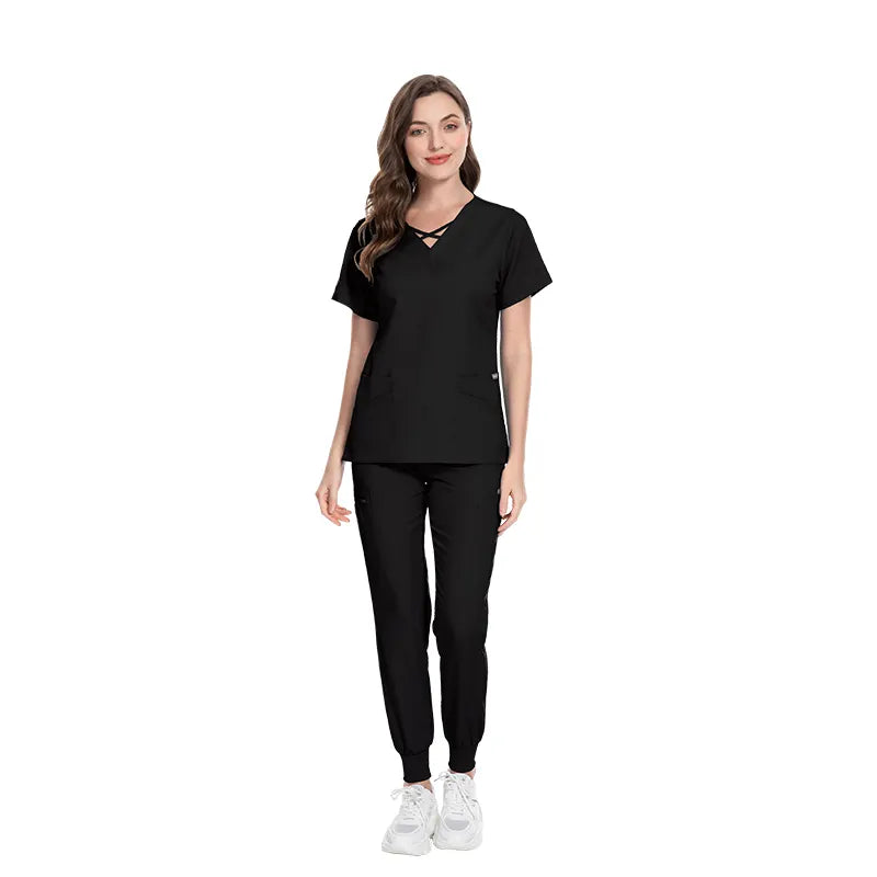 Valam Scrubs - Black Jogger & Three Pocket Top